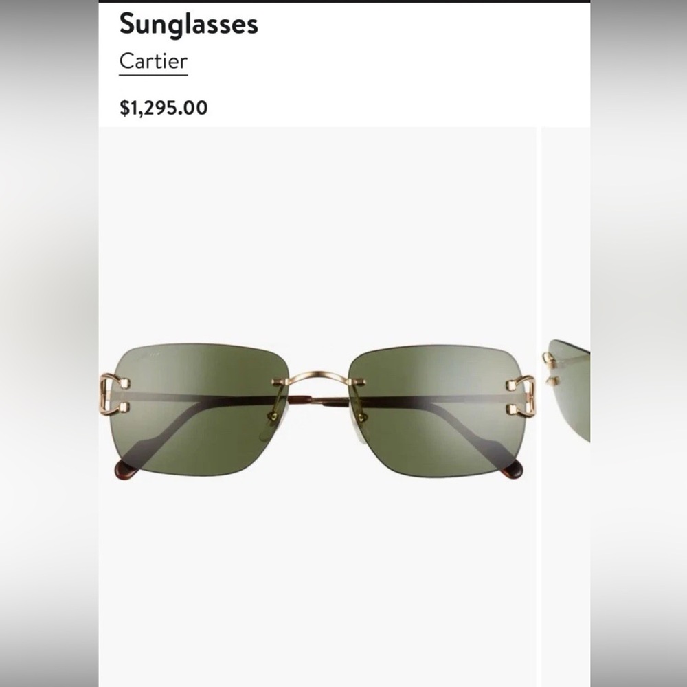 Cartier 59mm Rimless Rectangular Sunglasses Gold Frame with Green Lenses. #131